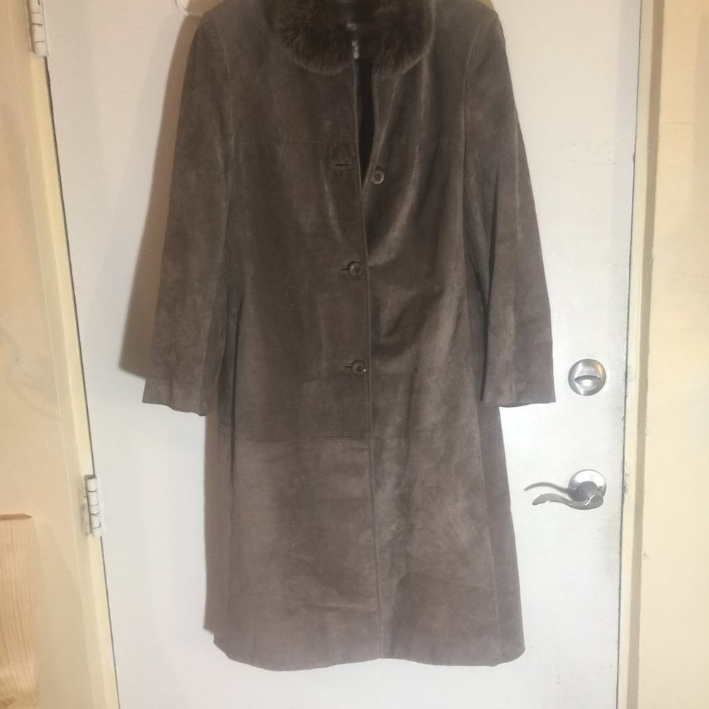 Leather coat with wool collar